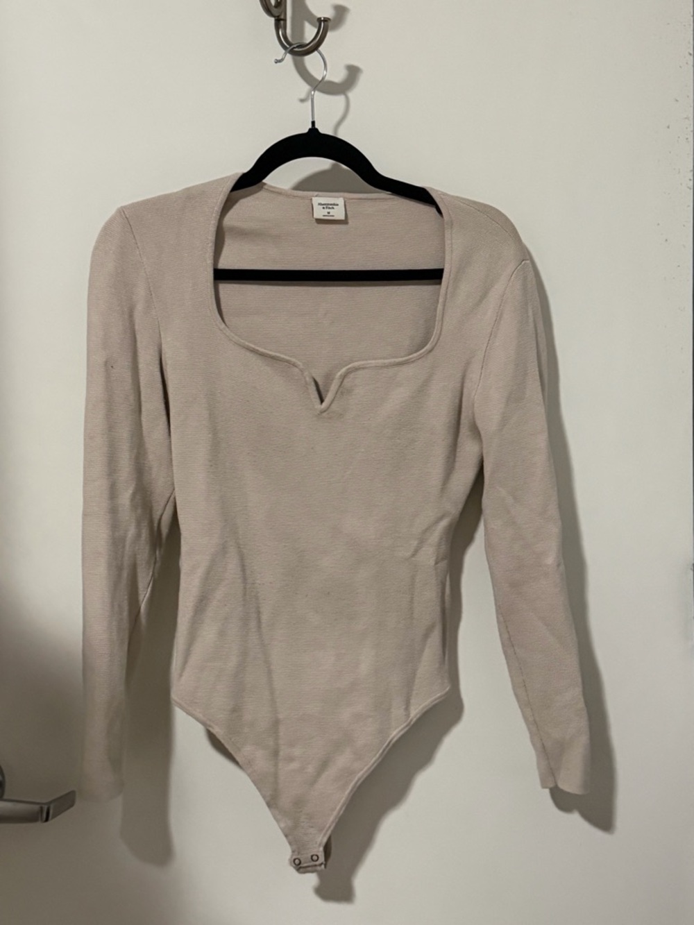 Abercrombie & Fitch Long-Sleeve Scoop Neck Bodysuit in Light Beige